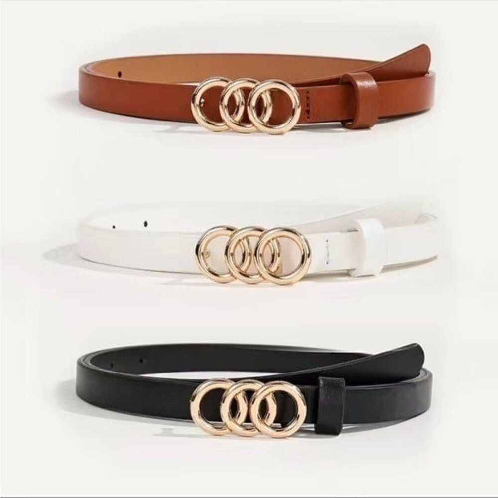 PU Leather Gold Circle Buckle Belt Set of 3